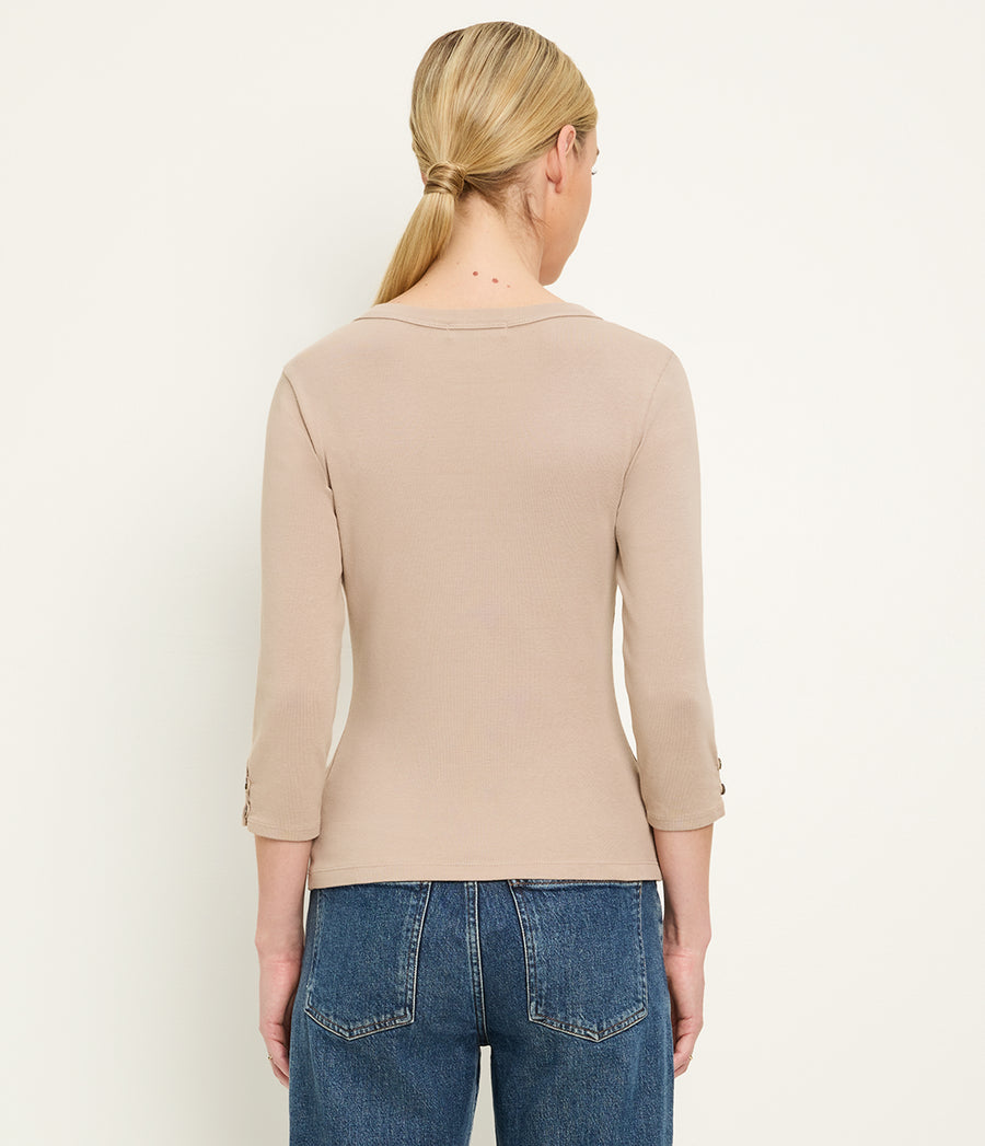 Joyce 3/4 Button Sleeve Tee in  MACADAMIA Beige Back View #MACADAMIA