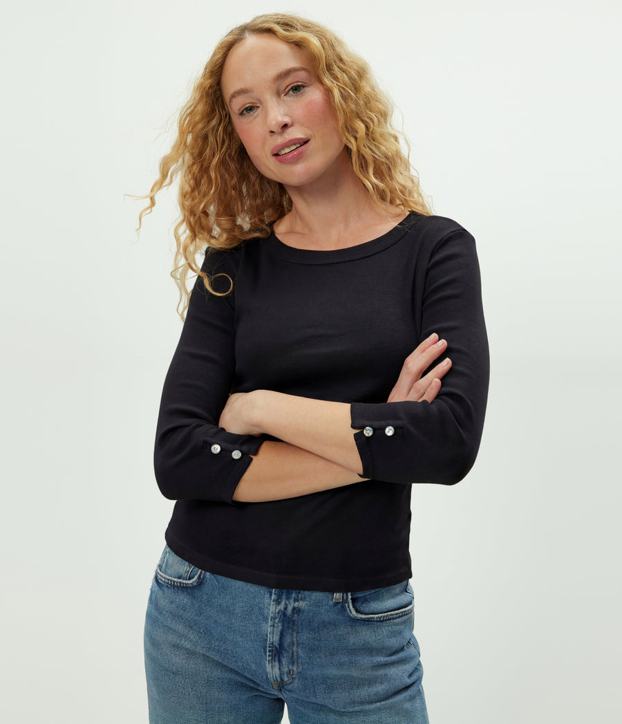 Joyce 3/4 Button Sleeve Tee in Black Close up View #BLACK