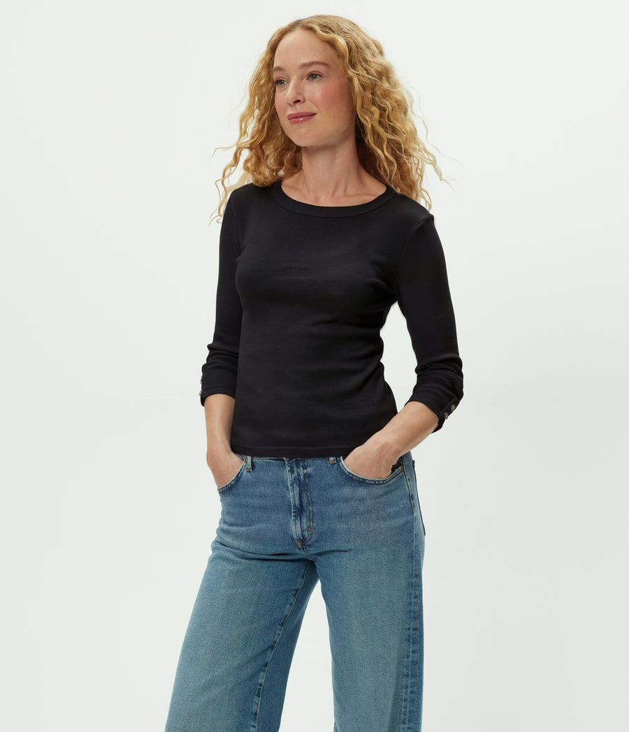 Joyce 3/4 Button Sleeve Tee in Black Full Body View #BLACK