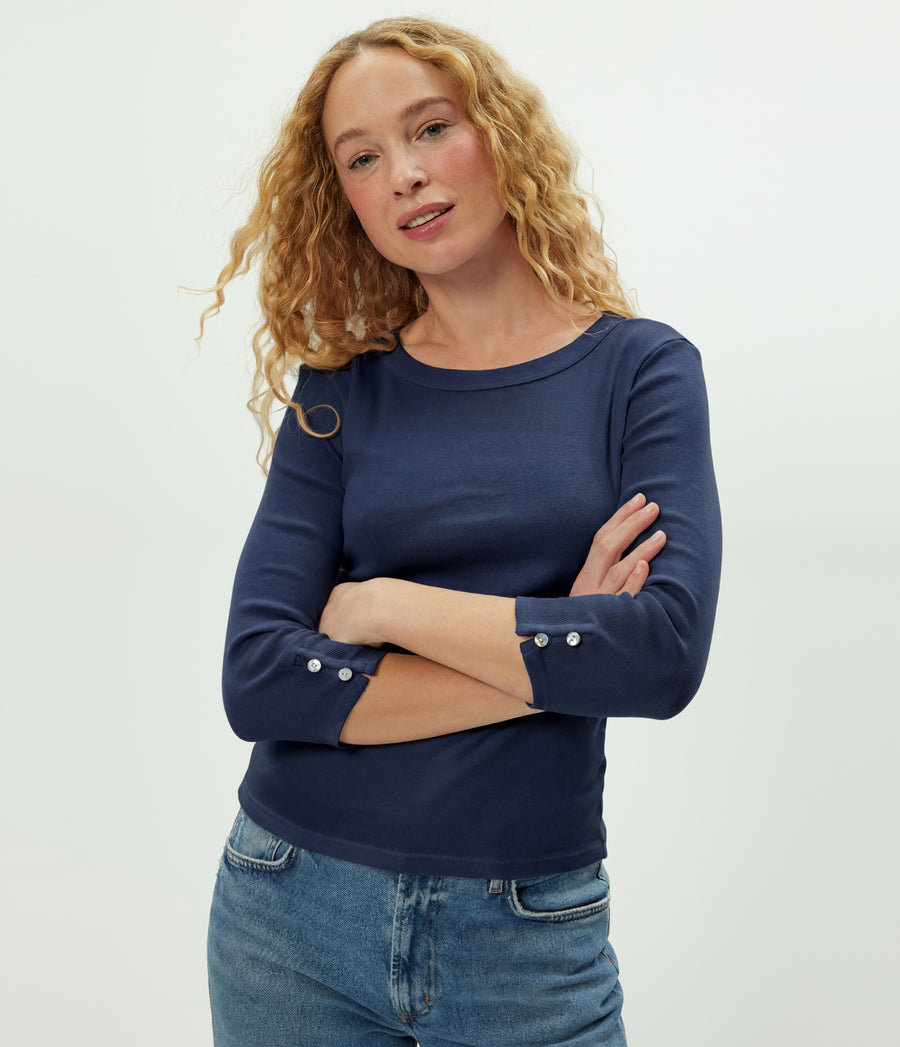 Joyce 3/4 Button Sleeve Tee in Nocturnal Blue Close up View  #NOCTURNAL