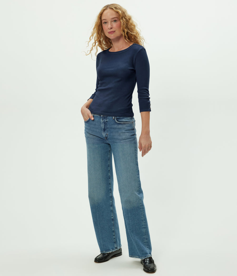 Joyce 3/4 Button Sleeve Tee in Nocturnal Blue Full Body View #NOCTURNAL