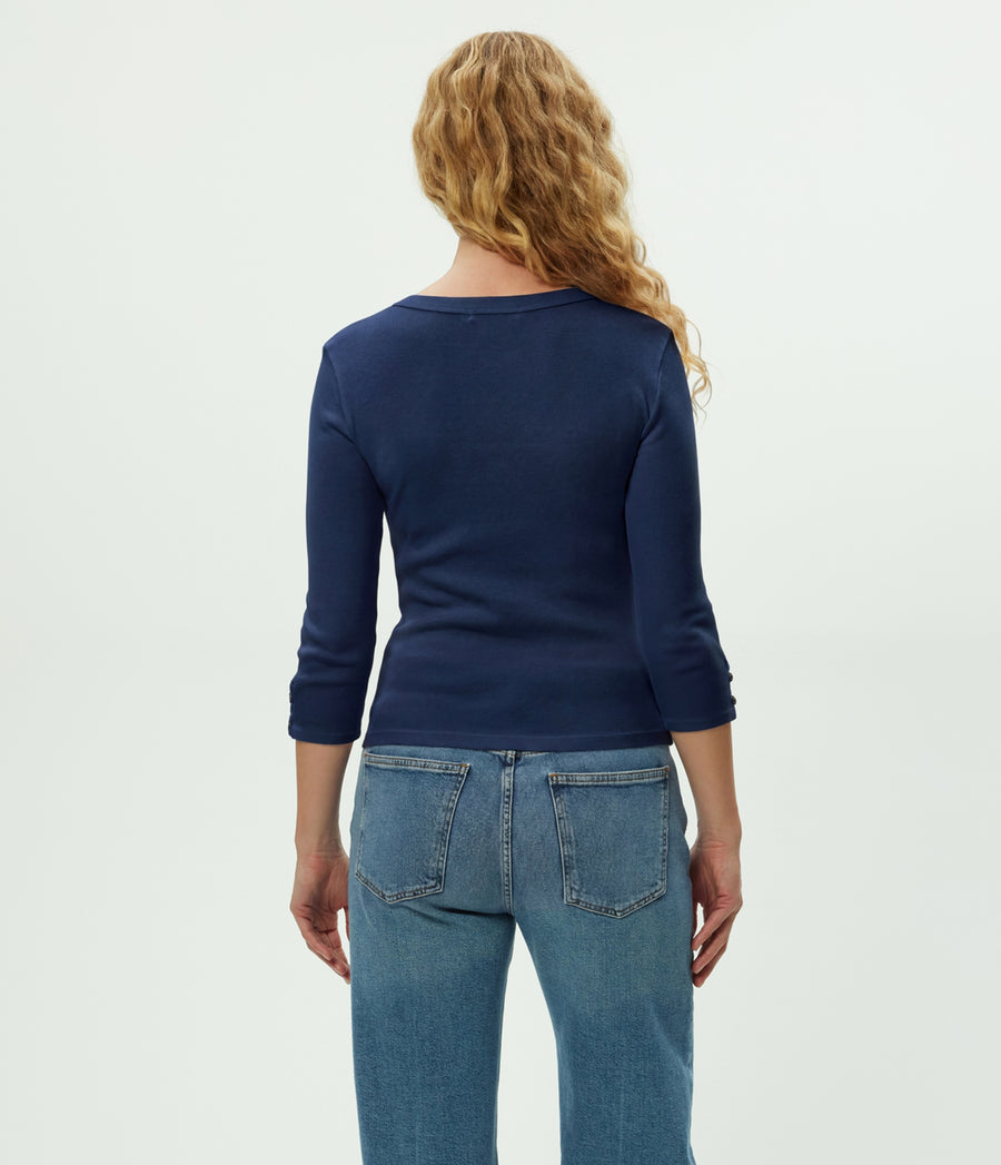 Joyce 3/4 Button Sleeve Tee in Nocturnal Blue Back View  #NOCTURNAL
