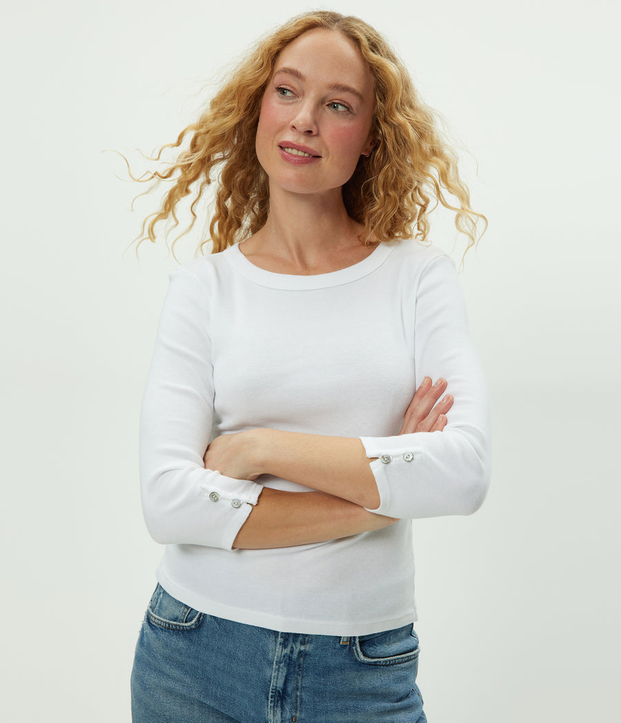 Joyce 3/4 Button Sleeve Tee in White Close up View #WHITE