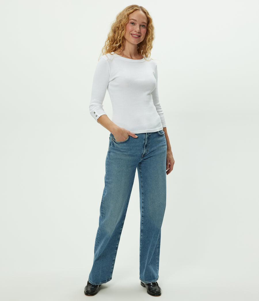 Joyce 3/4 Button Sleeve Tee in White Full Body View #WHITE
