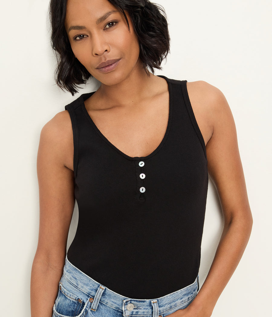 Brandy Henley Tank in Black Close up View #BLACK
