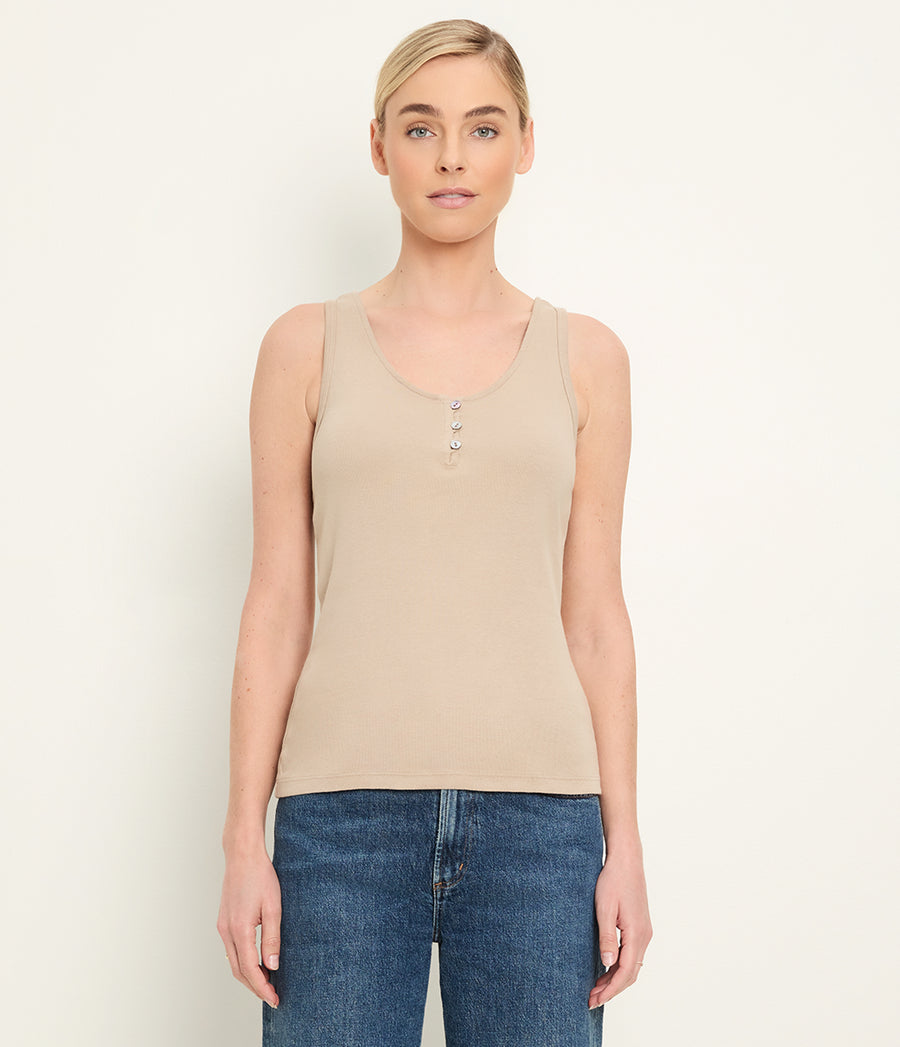 Blanche Ribbed Tank in  MACADAMIA Beige Full Body View #MACADAMIA