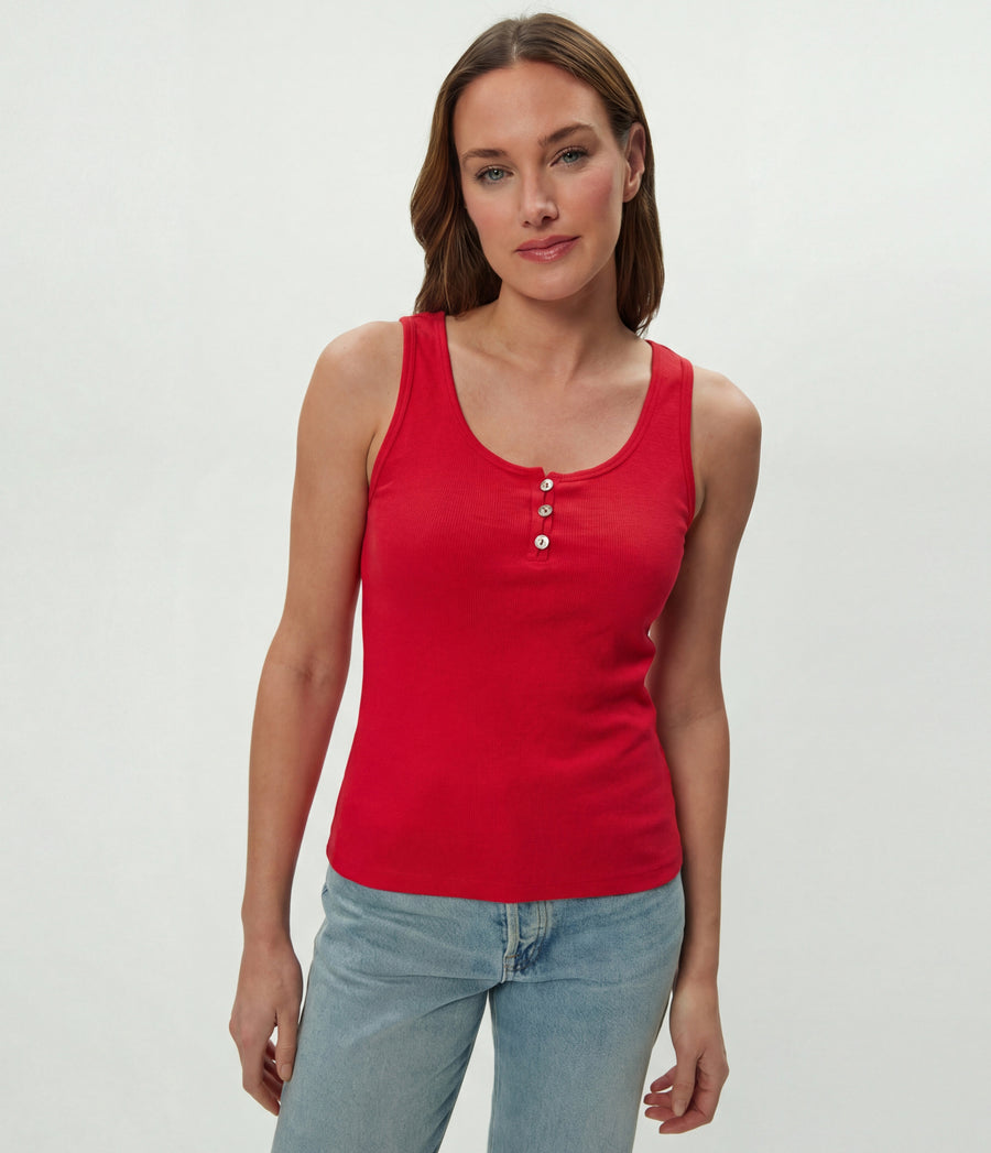 Brandy Henley Tank in LACQUER RED Close up View #LACQUER