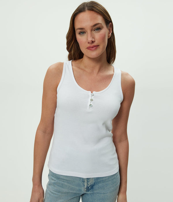 Brandy Henley Tank in White Close up View #WHITE
