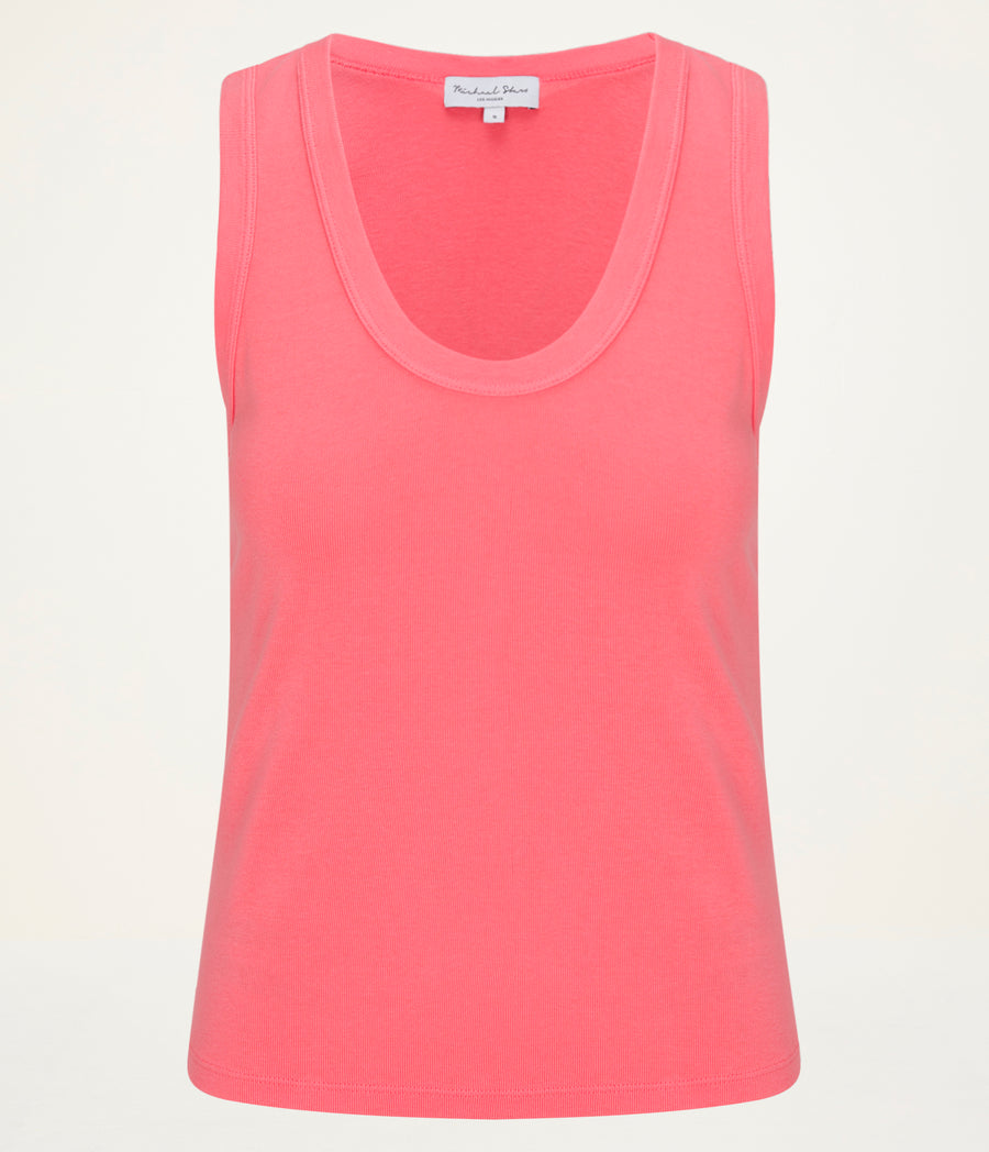 Brynn Scoop Neck Tank in CORAL SHERBET PINK Close up View #CORAL SHERBET