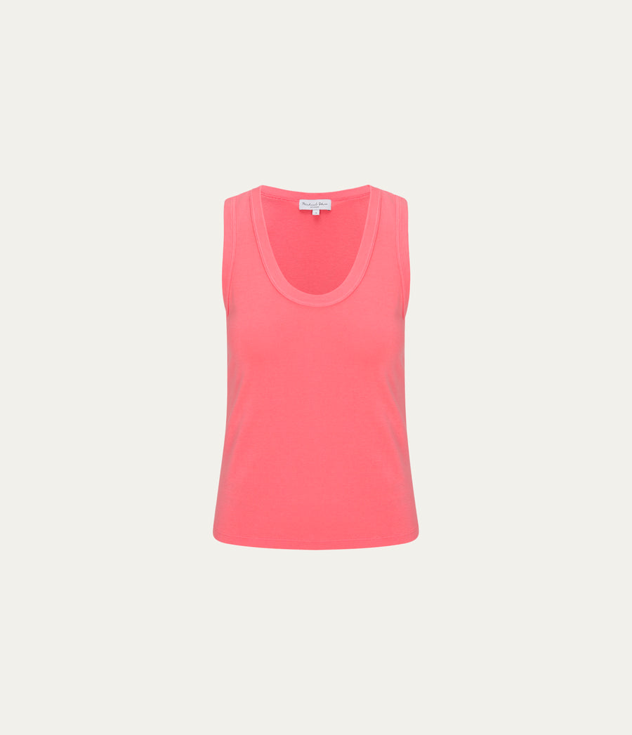 Brynn Scoop Neck Tank in CORAL SHERBET PINK Close up View #CORAL SHERBET