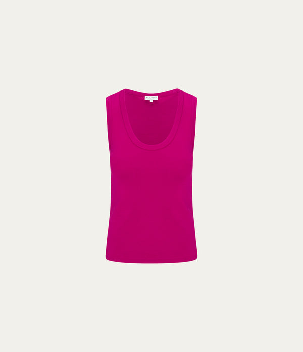 Brynn Scoop Neck Tank in FRENCH ROSE RED Close Up View  #FRENCH ROSE