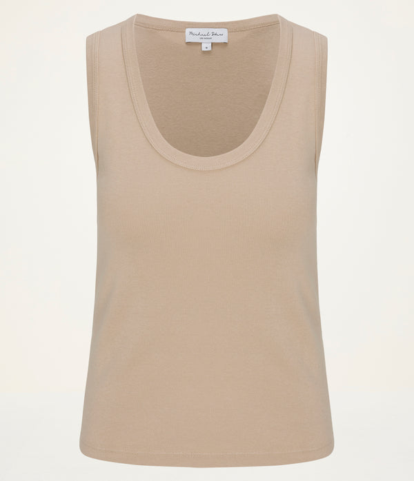 Brynn Scoop Neck Tank in  MACADAMIA Beige Close up View #MACADAMIA