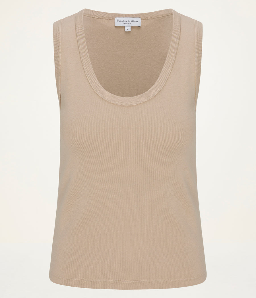 Brynn Scoop Neck Tank in  MACADAMIA Beige Close up View #MACADAMIA