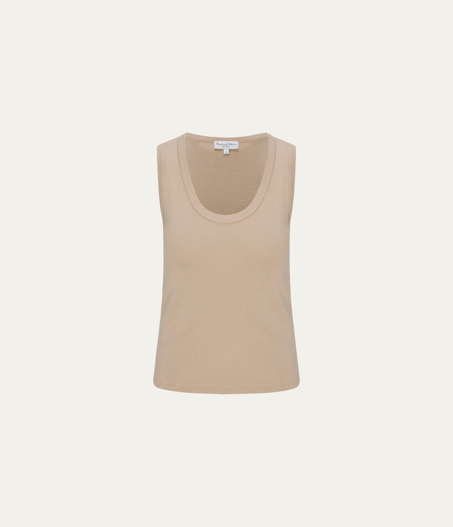 Brynn Scoop Neck Tank in  MACADAMIA Beige Close up View #MACADAMIA