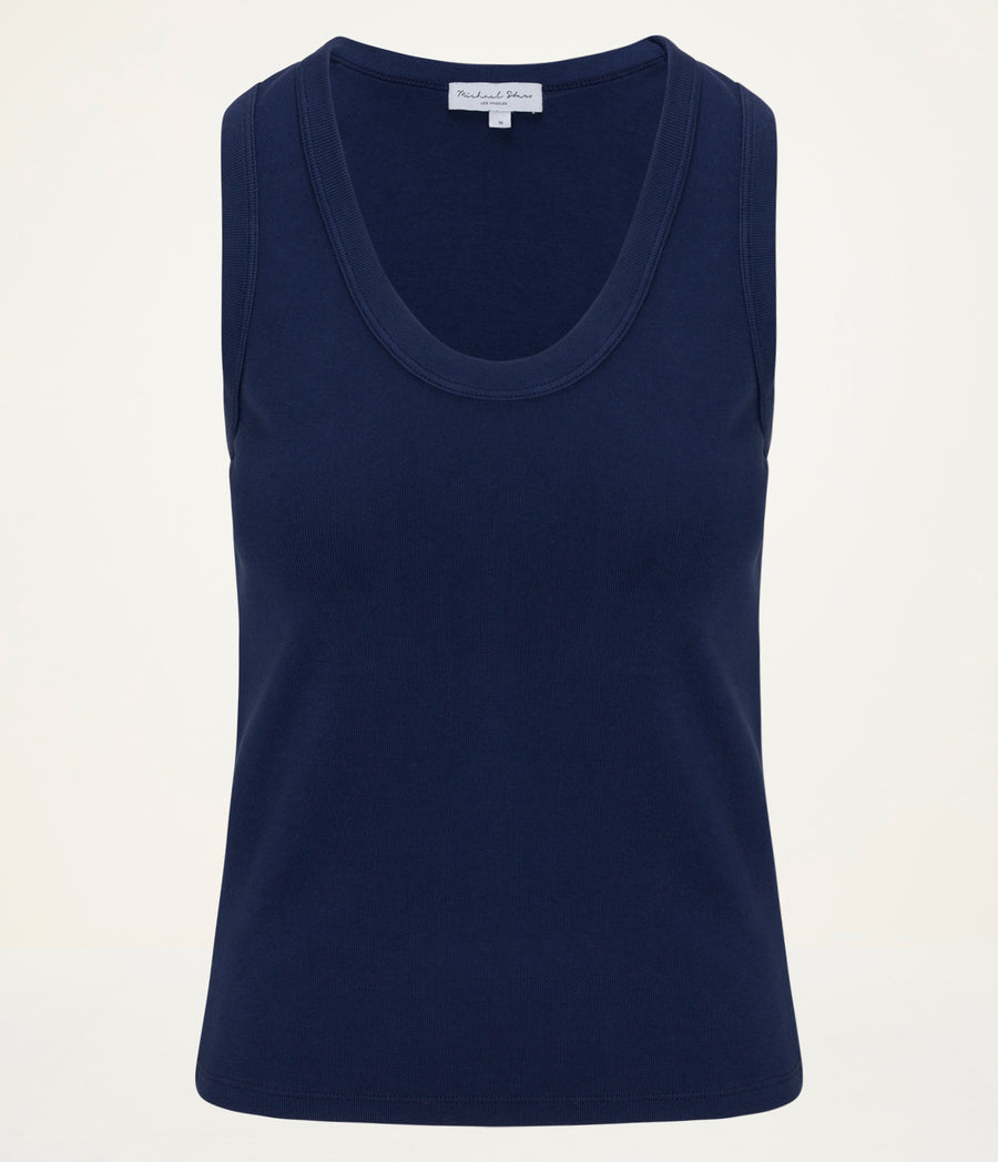 Brynn Scoop Neck Tank in Nocturnal Blue Close up View  #NOCTURNAL