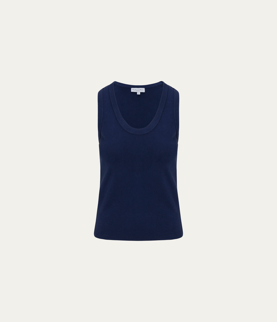 Brynn Scoop Neck Tank in Nocturnal Blue Close up View  #NOCTURNAL