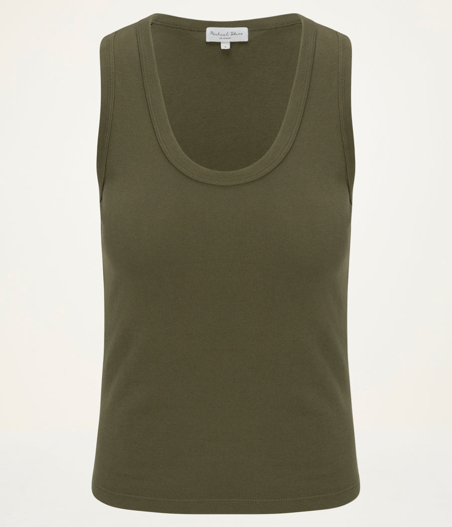 Brynn Scoop Neck Tank in TOPIARY GREEN  Close up View #TOPIARY