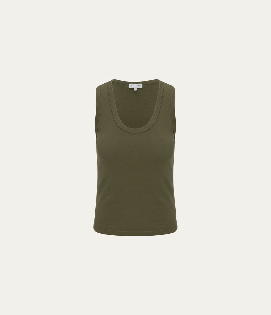 Brynn Scoop Neck Tank in TOPIARY GREEN  Close up View #TOPIARY