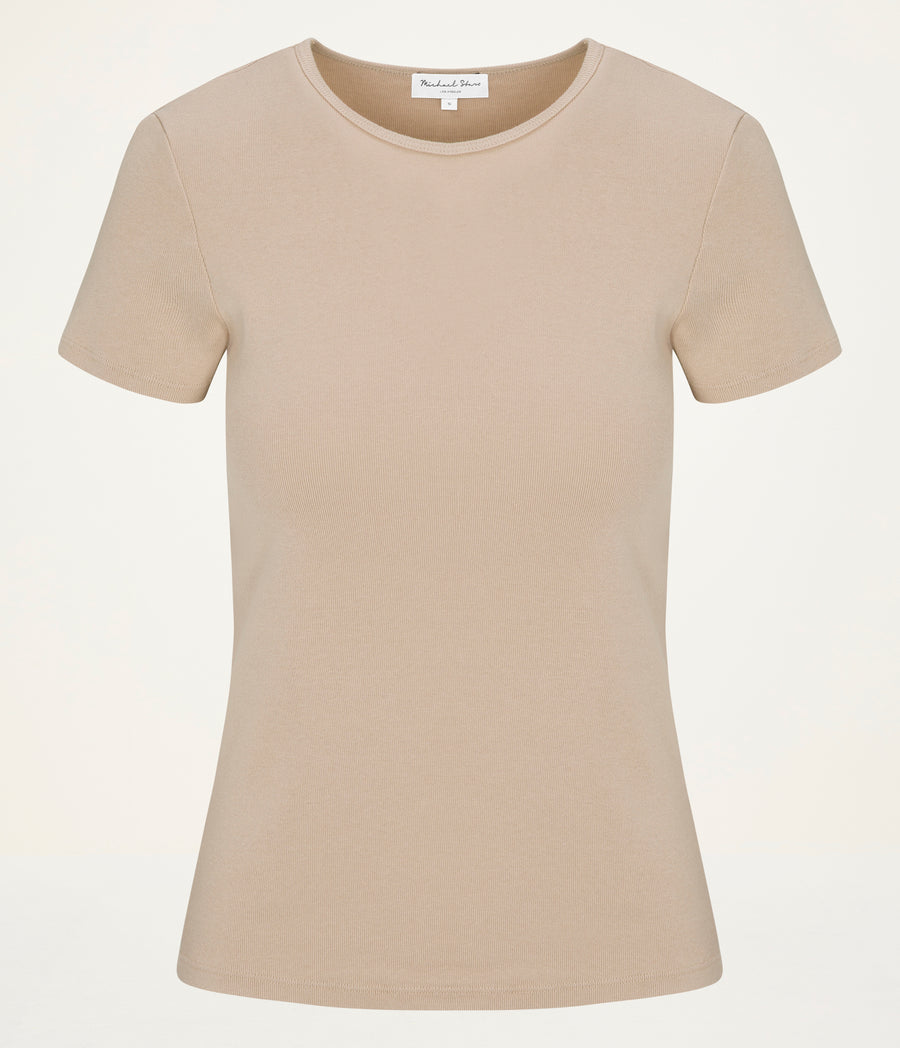Haley Crewneck Tee  in  MACADAMIA Beige Close up View #MACADAMIA