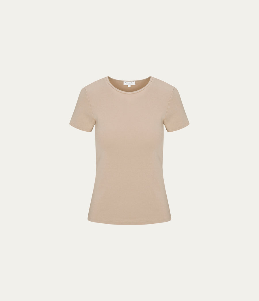 Haley Crewneck Tee  in  MACADAMIA Beige Close up View #MACADAMIA