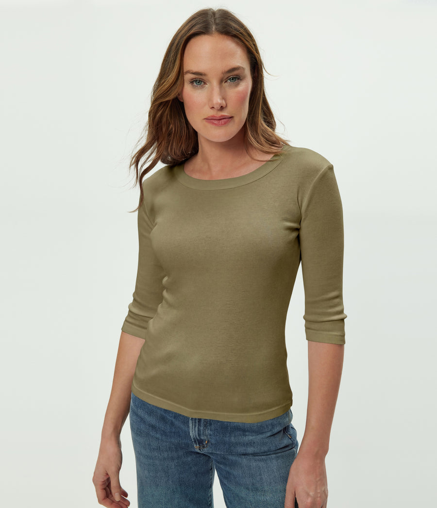 Dot 3/4 Sleeve Tee in CAPER Green Close up View #CAPER