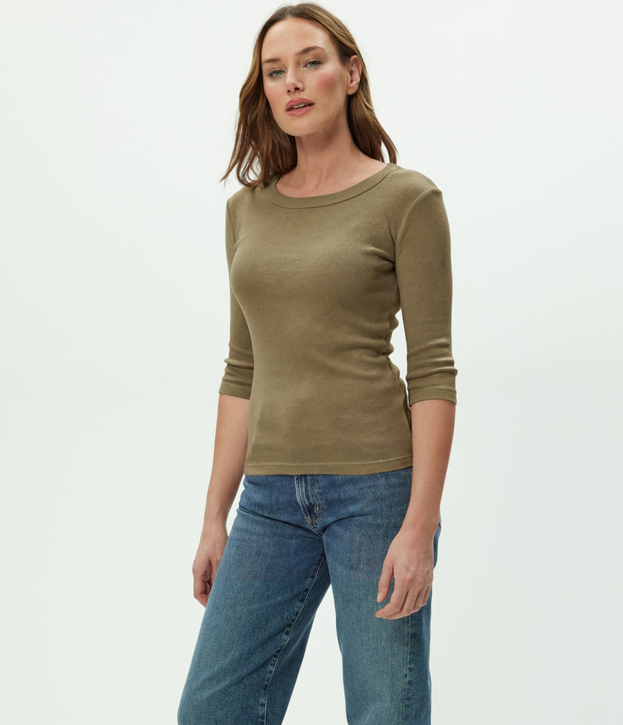 Dot 3/4 Sleeve Tee in CAPER  Green Side View #CAPER