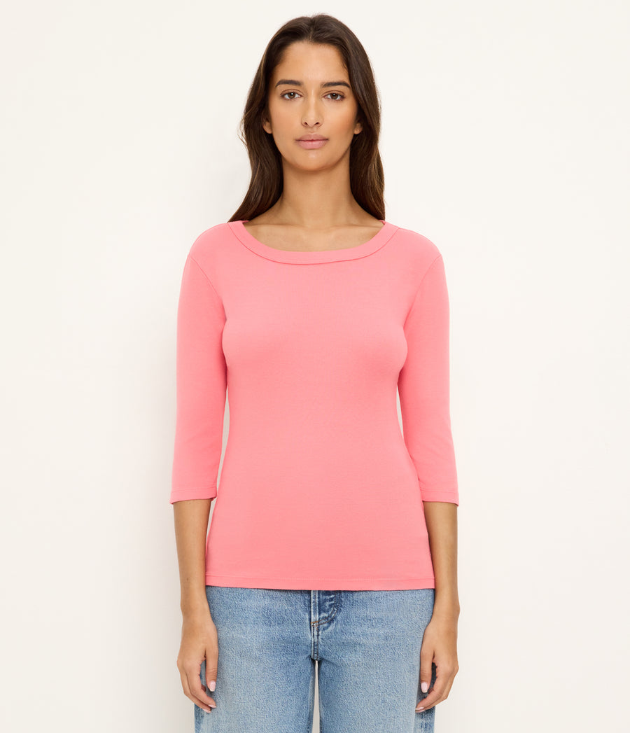 Dot 3/4 Sleeve Tee in CORAL SHERBET PINK Close up View #CORAL SHERBET