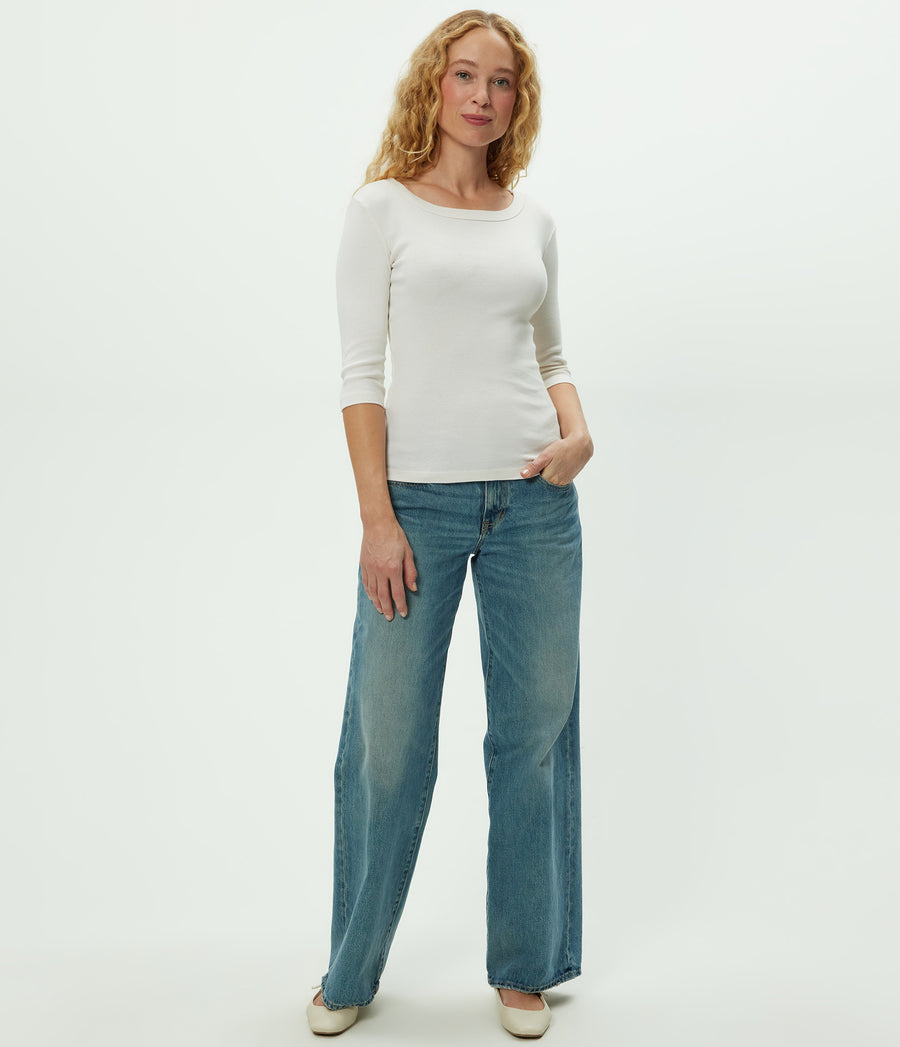 Dot 3/4 Sleeve Tee in Chalk White Full Body View #CHALK