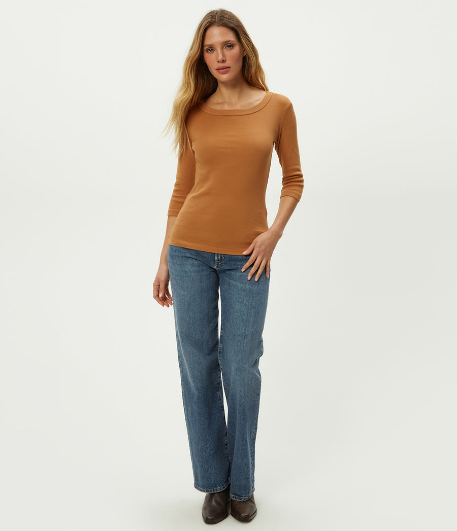 Dot 3/4 Sleeve Tee in Cumin Brown Full Body View #CUMIN