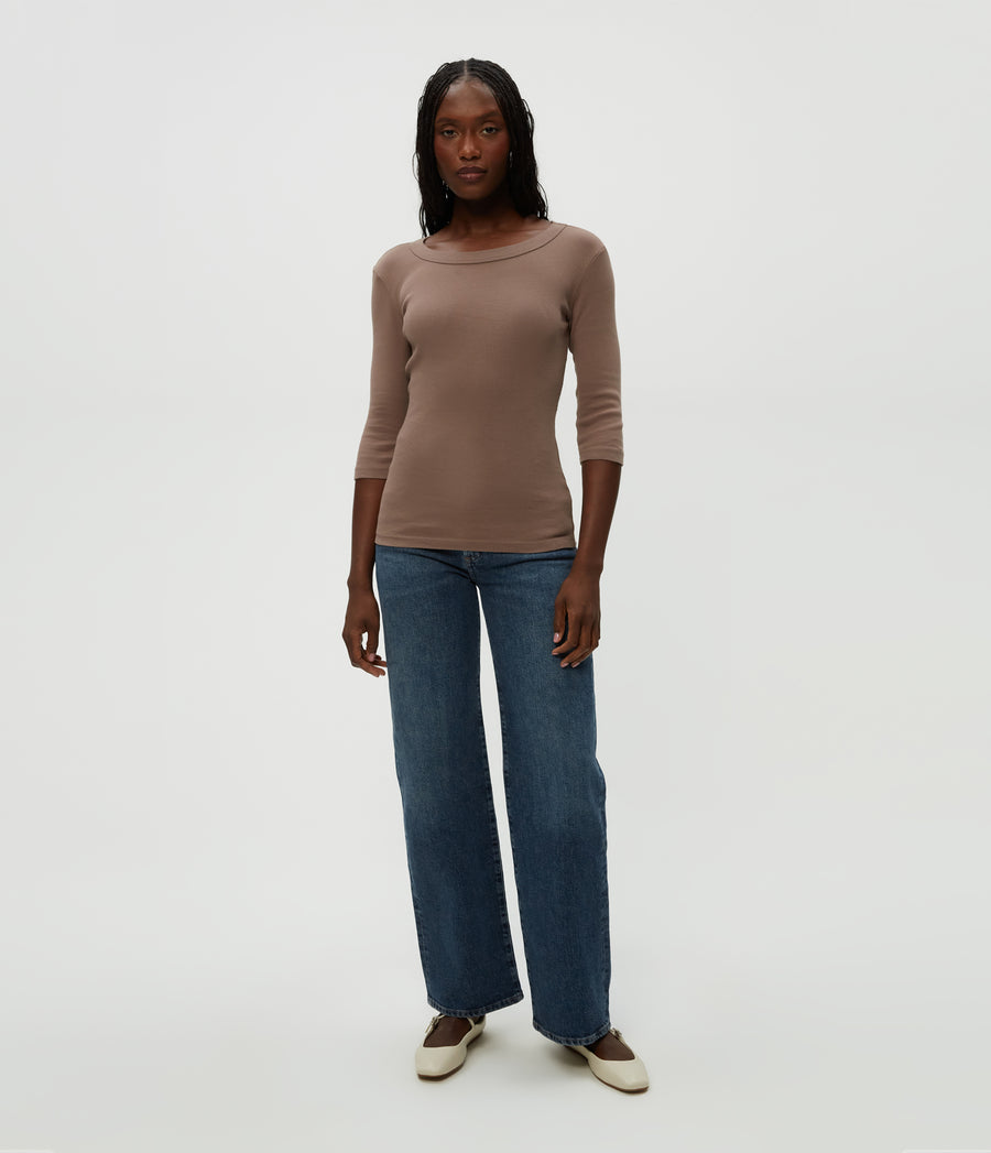 Dot 3/4 Sleeve Tee in Cobblestone Brown Full Body View #COBBLESTONE