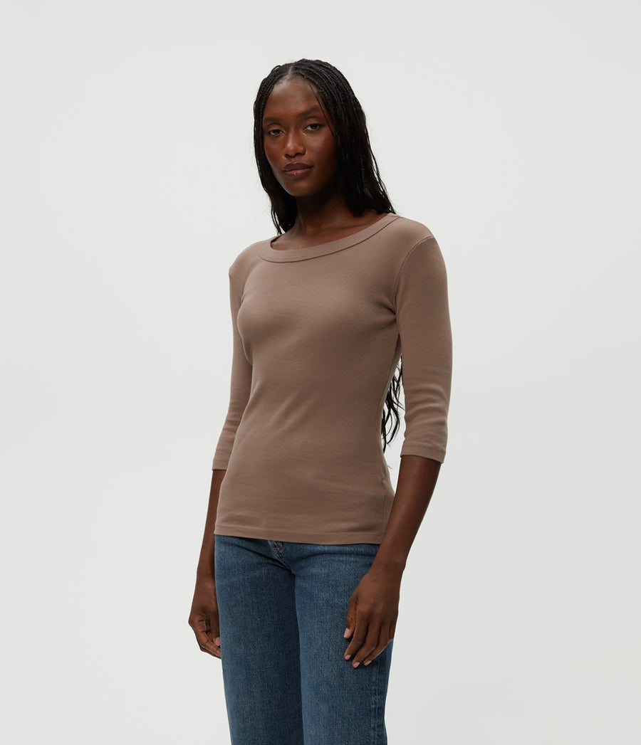 Dot 3/4 Sleeve Tee in Cobblestone Brown Side View #COBBLESTONE