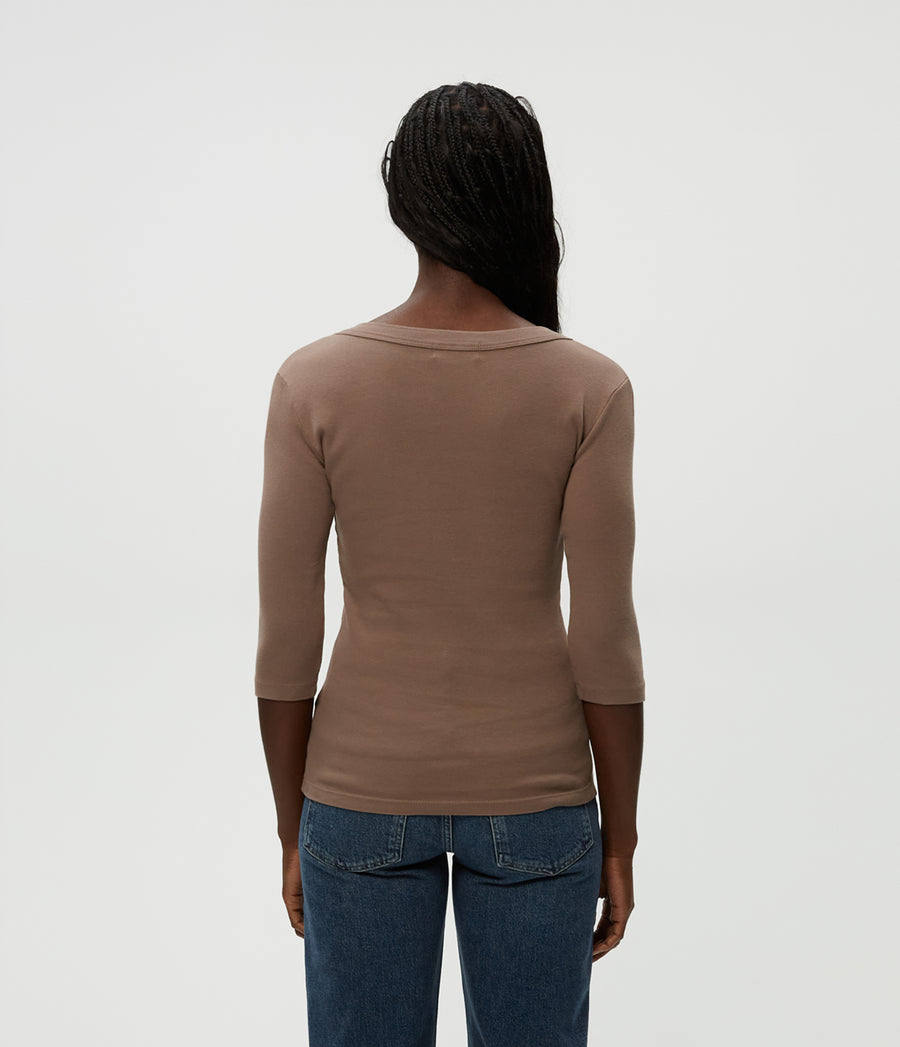 Dot 3/4 Sleeve Tee in Cobblestone Brown Back View #COBBLESTONE