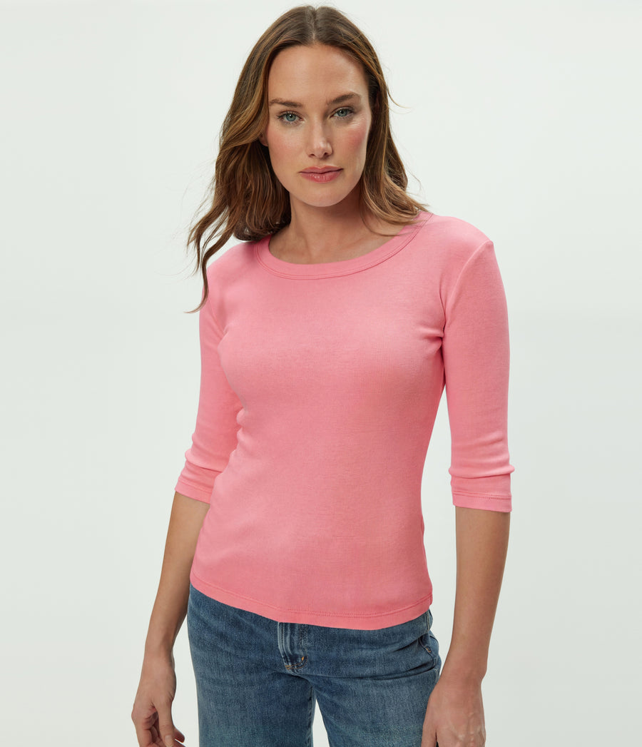 Dot 3/4 Sleeve Tee in DRAGONFRUIT Pink Side View #DRAGONFRUIT
