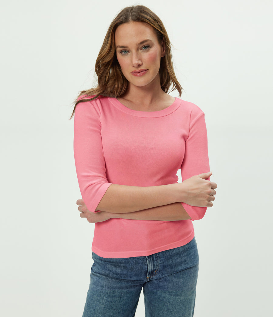 Dot 3/4 Sleeve Tee in DRAGONFRUIT Pink Close Up View #DRAGONFRUIT