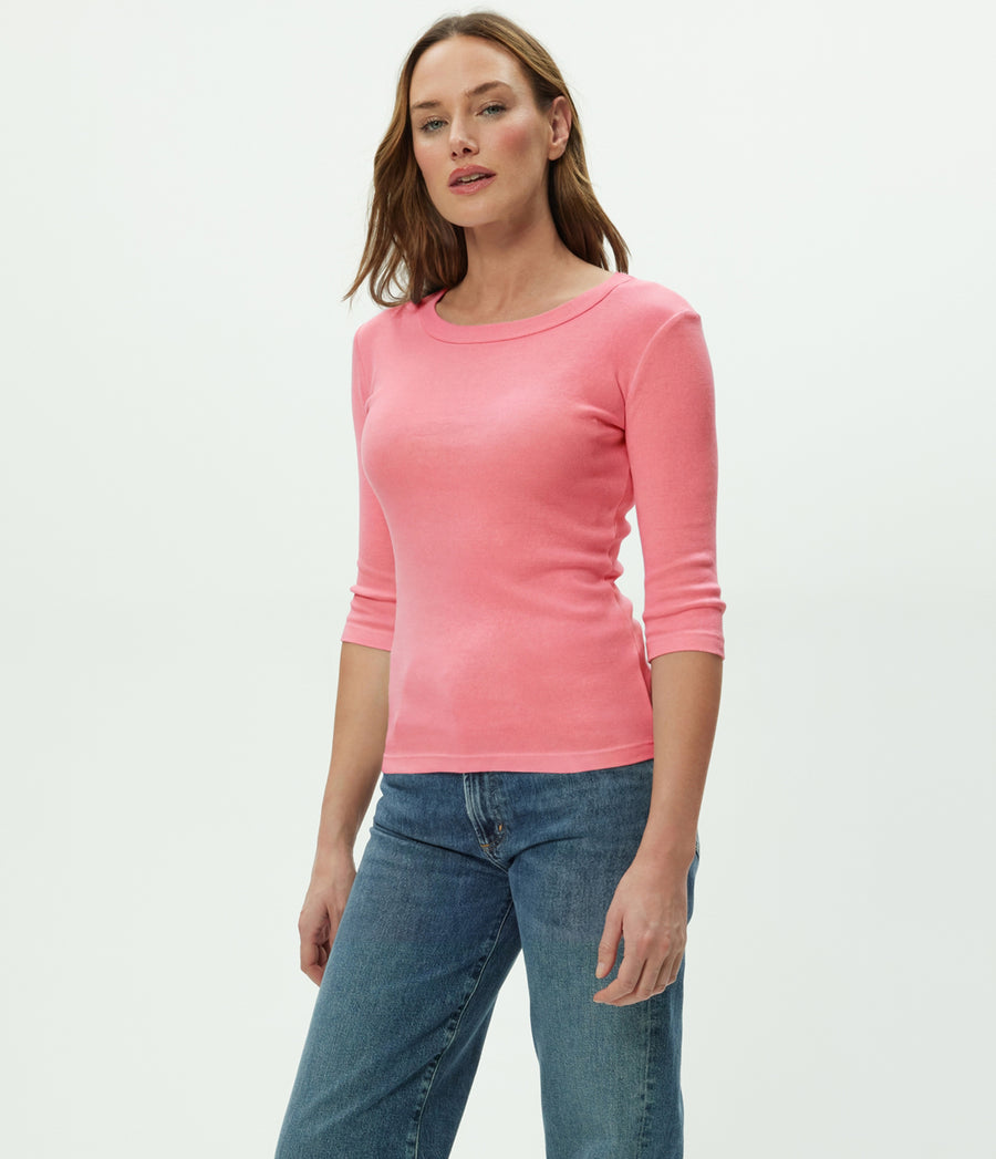 Dot 3/4 Sleeve Tee in DRAGONFRUIT Pink Full Body View #DRAGONFRUIT