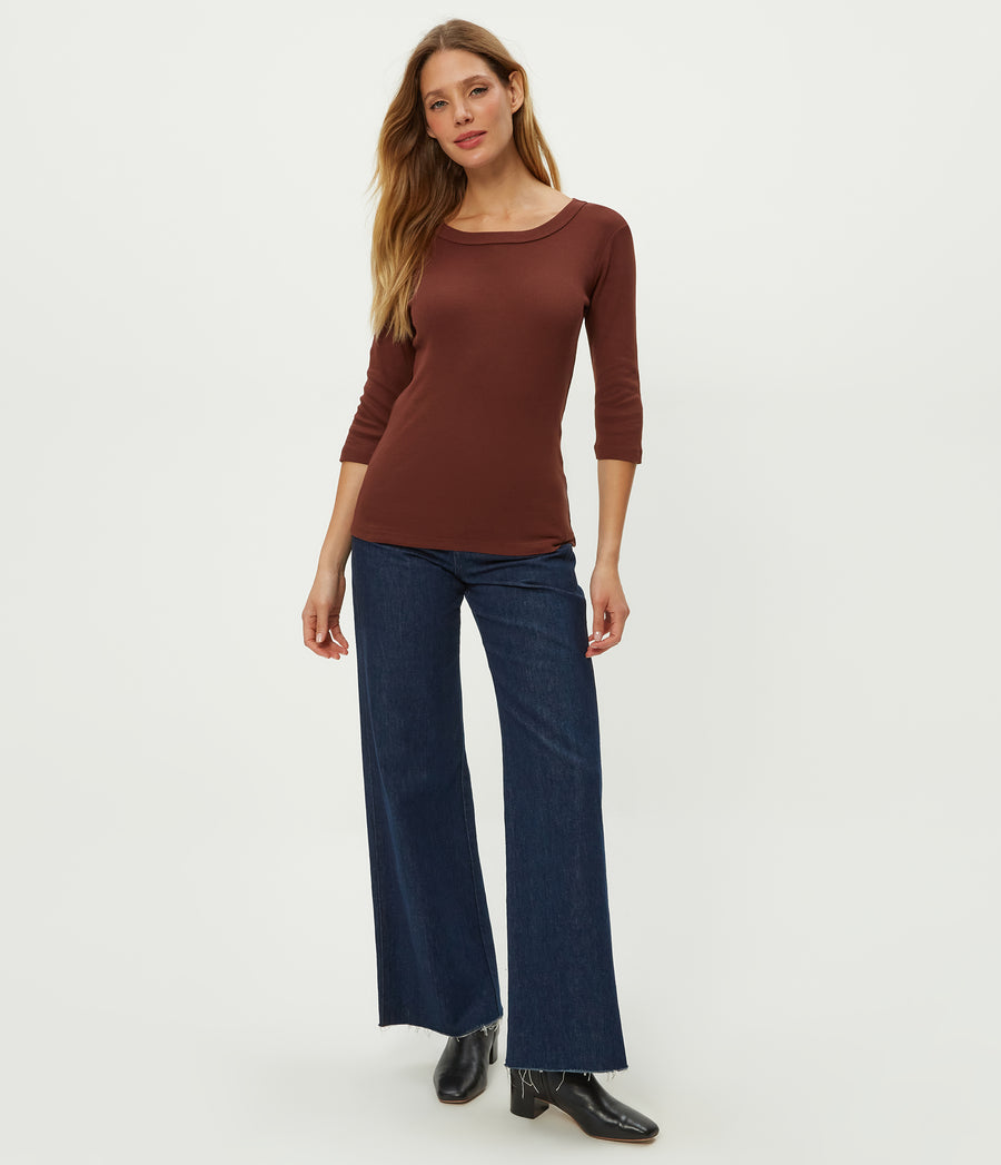Dot 3/4 Sleeve Tee in ESPRESSO Brown Full Body View #ESPRESSO