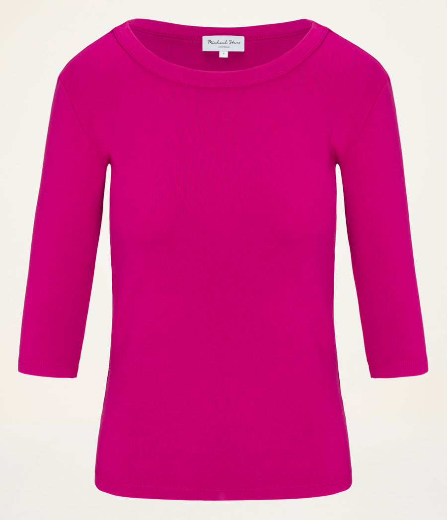 Dot 3/4 Sleeve Tee in FRENCH ROSE RED Close Up View  #FRENCH ROSE
