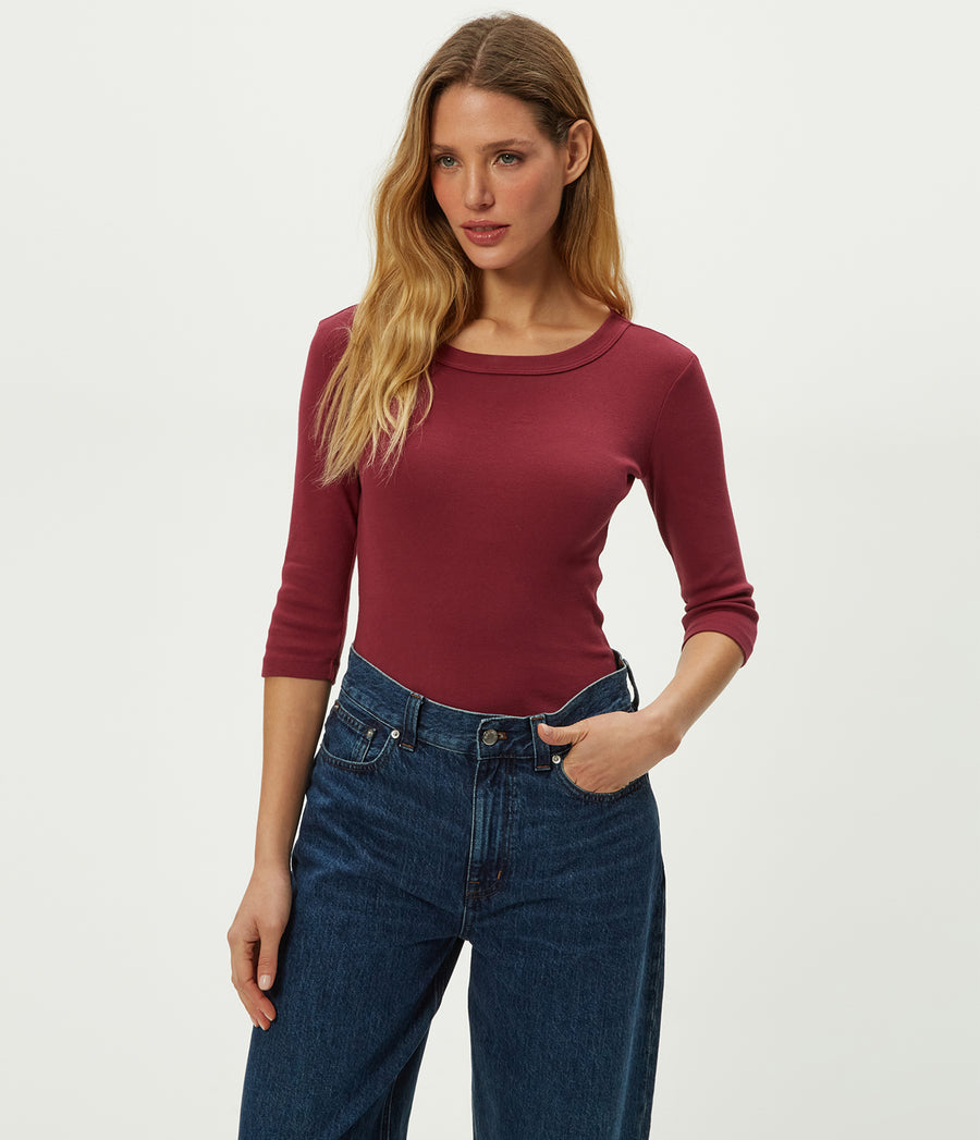 Dot 3/4 Sleeve Tee in Garnet Red Close Up View #GARNET