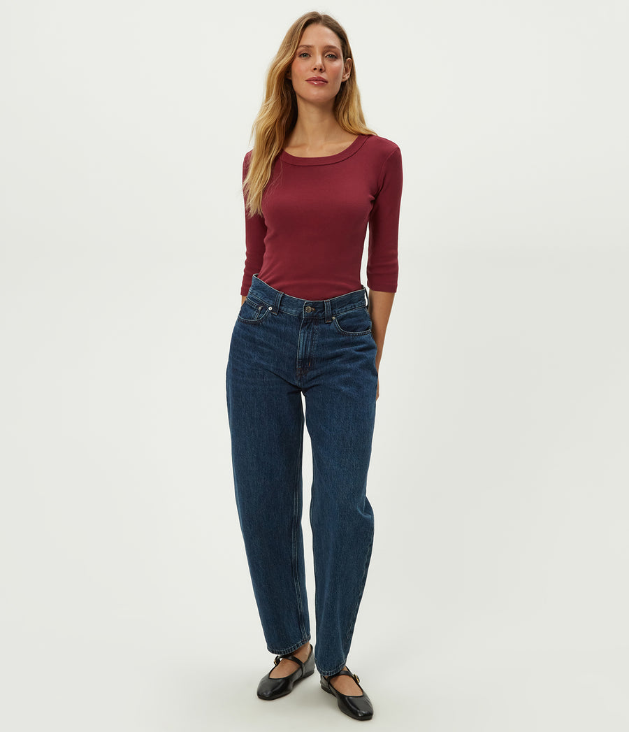 Dot 3/4 Sleeve Tee in Garnet Red Full Body View #GARNET