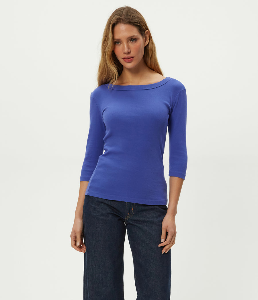 Dot 3/4 Sleeve Tee in Lapis Blue Close Up View #LAPIS