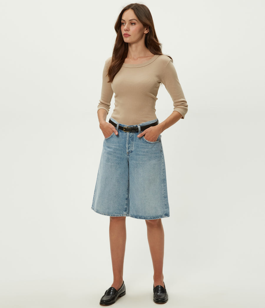 Dot 3/4 Sleeve Tee in MACADAMIA Beige Full Body View #MACADAMIA