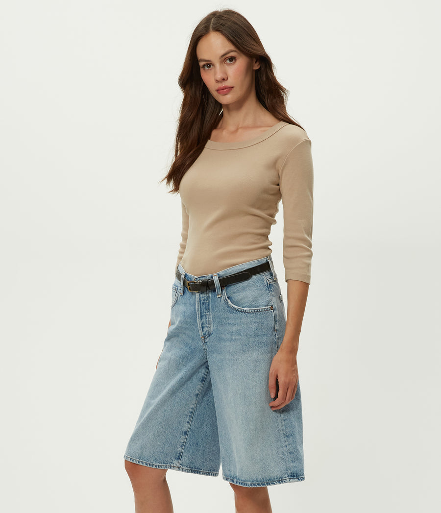 Dot 3/4 Sleeve Tee in MACADAMIA Beige Side View #MACADAMIA
