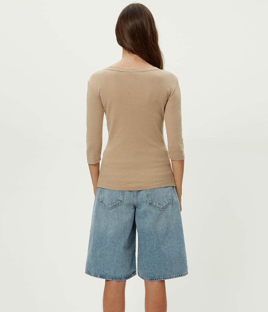 Dot 3/4 Sleeve Tee in MACADAMIA Beige Back View #MACADAMIA