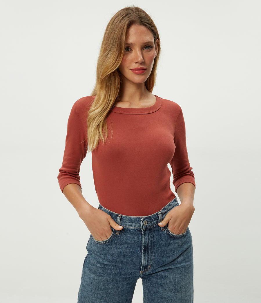 Dot 3/4 Sleeve Tee in MUSE ORANGE Combo Close up View #MUSE