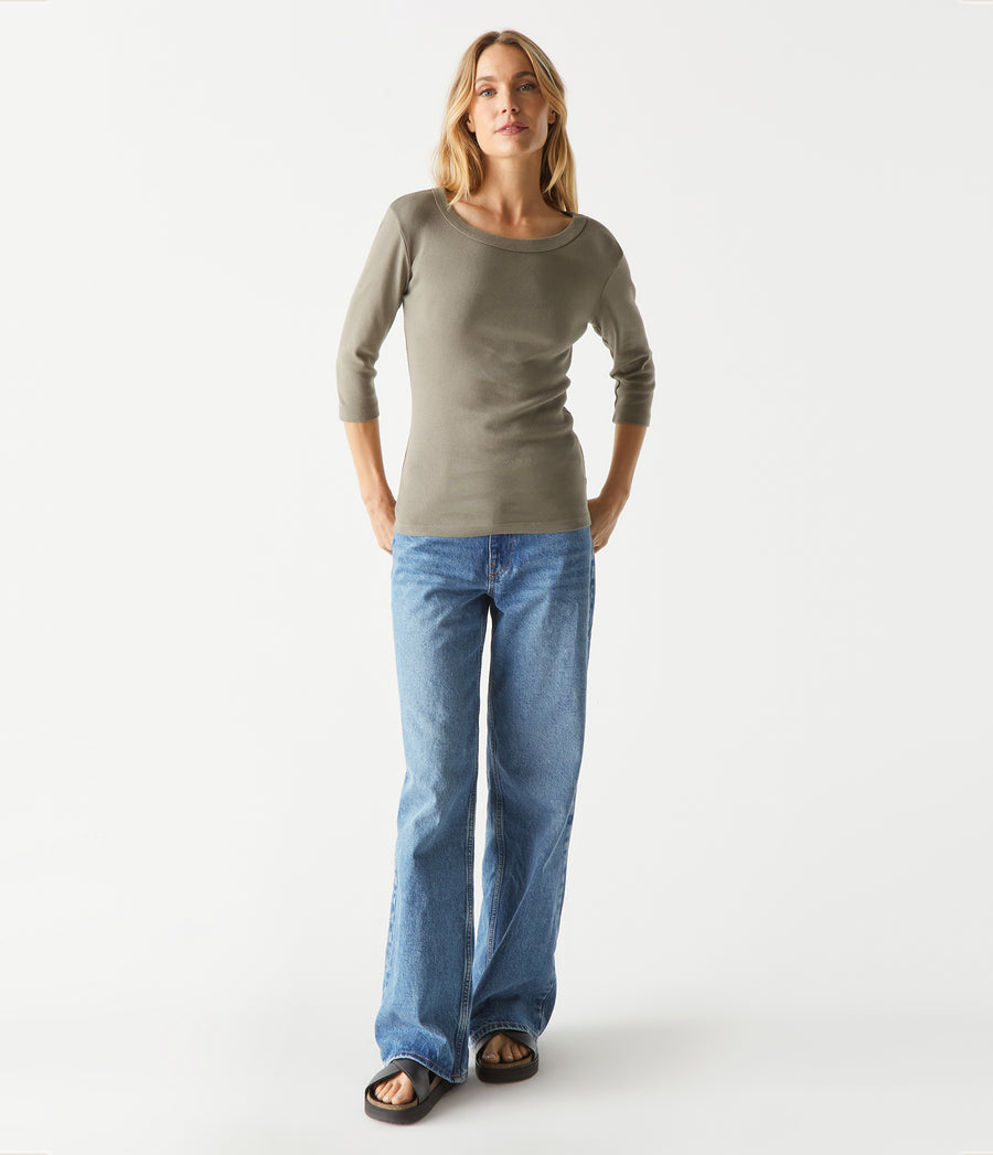 Dot 3/4 Sleeve Tee in Olive Green Full Body View #OLIVE