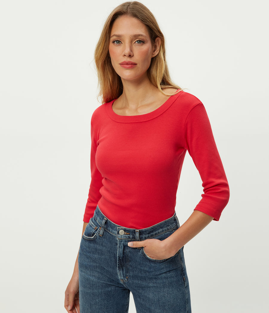 Dot 3/4 Sleeve Tee in POPPY RED Combo Close up View #POPPY