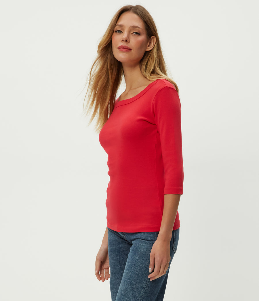 Dot 3/4 Sleeve Tee in POPPY RED Combo Side View #POPPY
