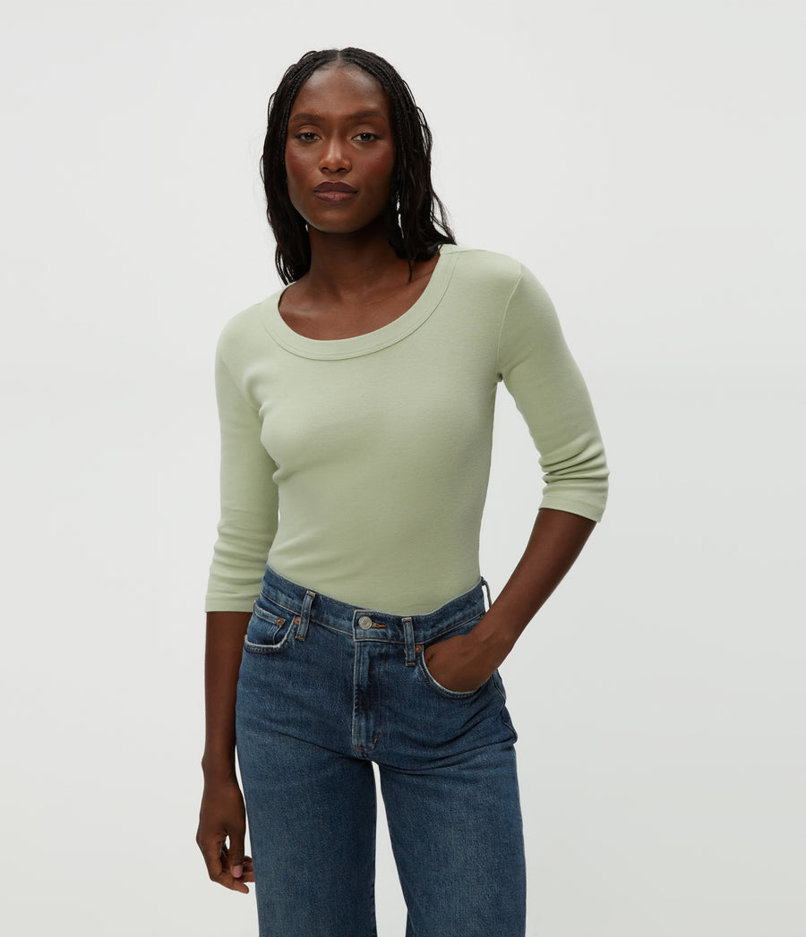 Dot 3/4 Sleeve Tee in Seacrest Green Close Up View #SEACREST