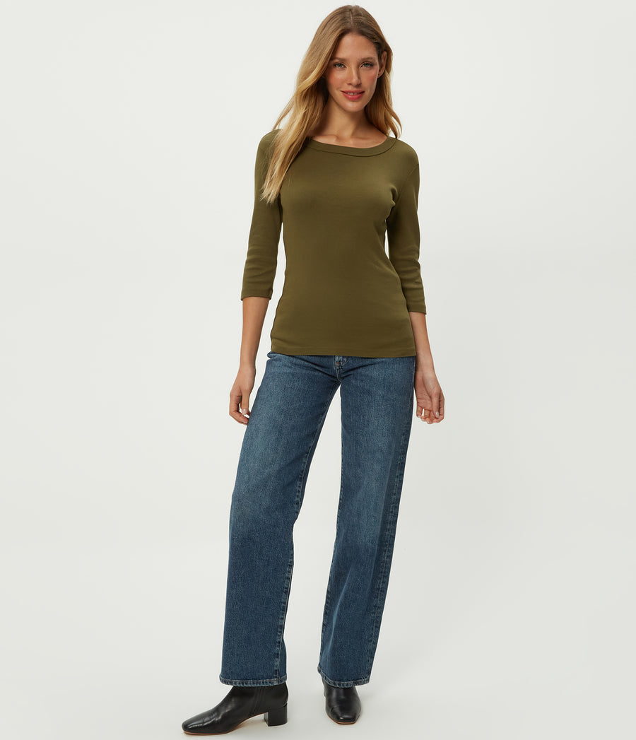 Dot 3/4 Sleeve Tee in TOPIARY GREEN Combo Full Body View #TOPIARY