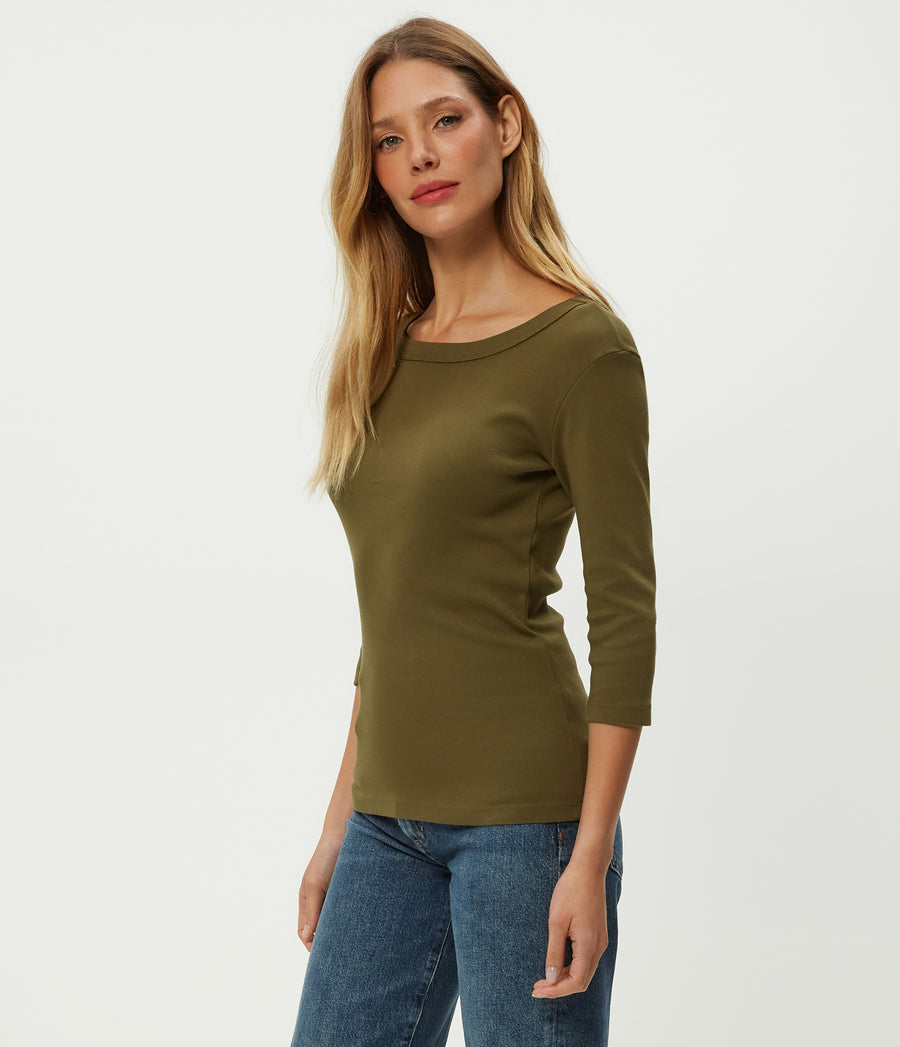 Dot 3/4 Sleeve Tee in TOPIARY GREEN Combo Side View #TOPIARY